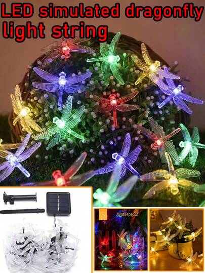 Dây đèn trang trí hình chuồn chuồn mô phỏng năng lượng mặt trời - Đèn LED hạt + Hiệu ứng ánh sáng chuyển màu đa sắc + Chống thấm nước. Công cụ chiếu sáng thiết yếu cho sân vườn, tiệc tùng, không gian homestay và các dịp khác.