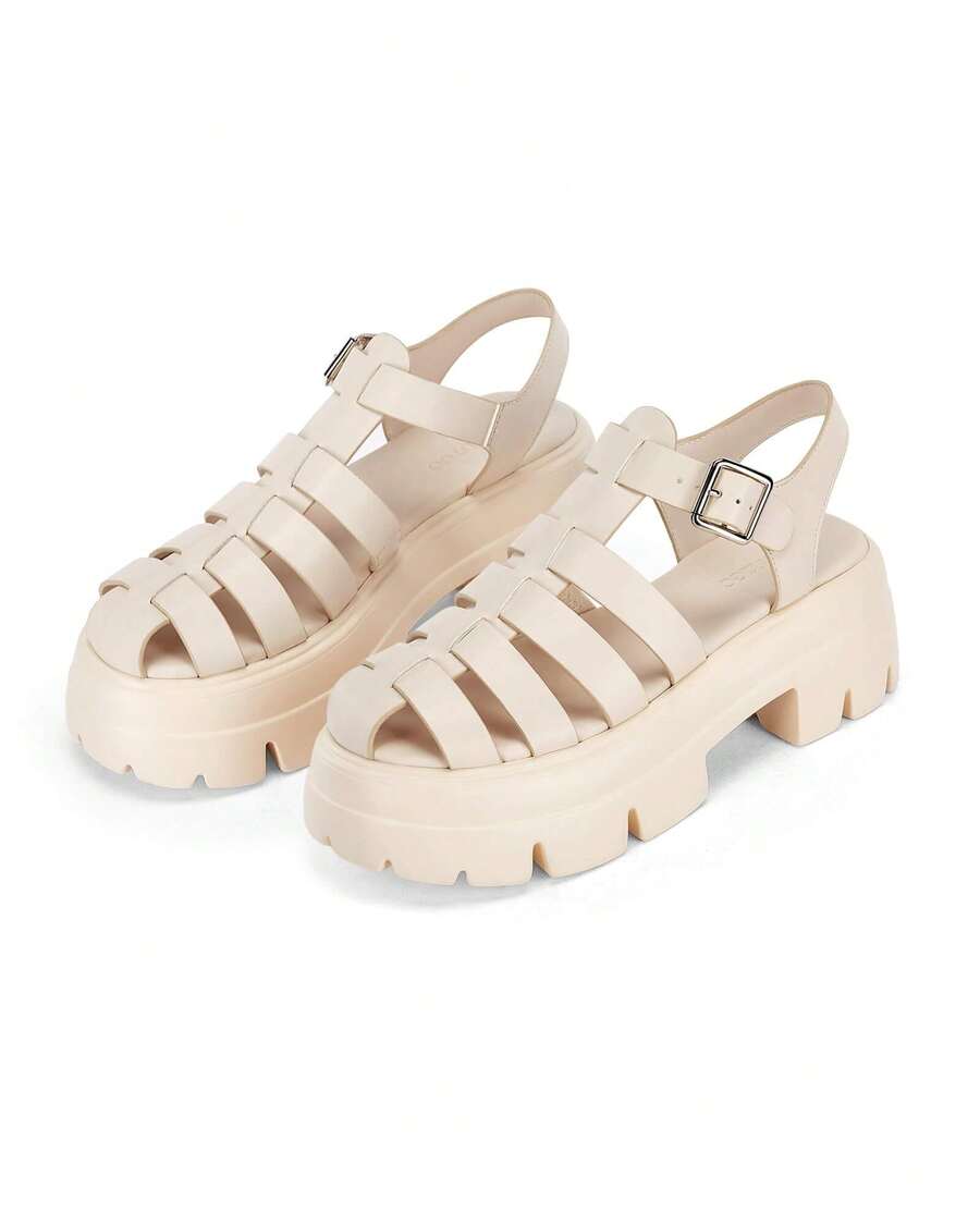 Coutgo Womens Platform Chunky Heels Sandals Gladiator Ankle Strap Heels Lug Sole Summer Fisherman Y2K Shoes - 裸粉色 - 查看 1