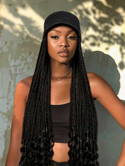 A ANYTIME Hat With Hair Long Black Baseball Cap Wig Hat With Braids Adjustable Cap Hat Braiding Hair Wig For Woman/Men Daily Use Cap With Hair