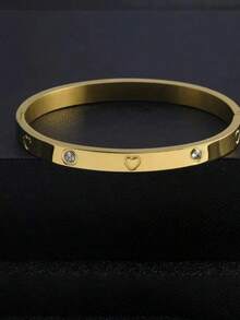 Bộ 3 vòng tay bằng thép không gỉ mạ vàng 18K hình trái tim đính kim cương, vòng tay hở đính đá Cubic Zirconia bằng đồng, bộ vòng tay thời trang dành cho nữ đeo hàng ngày, quà tặng ngày lễ. - Vàng - Xem 6