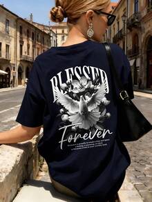 女士宽松T恤一件装 - “Forever”鸽子与花卉印花,复古街头风,柔软透气圆领休闲上衣,适合城市观光、咖啡约会、周末早午餐、日常休闲穿着,女士及青少年夏季经典图案T恤 - 藏青 - 查看 7