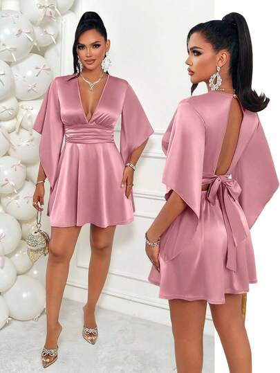 AIJ Amarilo Sexy & Elegant V-Neck Ruched Bust Mini Dress, Ruffle Sleeve Cuff - Cinched Waist, Open Back Bow Detail, Suitable For Party & Wedding