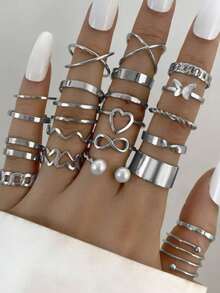 22/45 piezas Conjunto de accesorios de joyería versátil para mujer con mariposas y hojas elegantes, minimalistas y con perlas falsas y rhinestones en color plata, ideal como regalo para fiestas - Conjunto de anillo de aleación para mujer - Ver 5