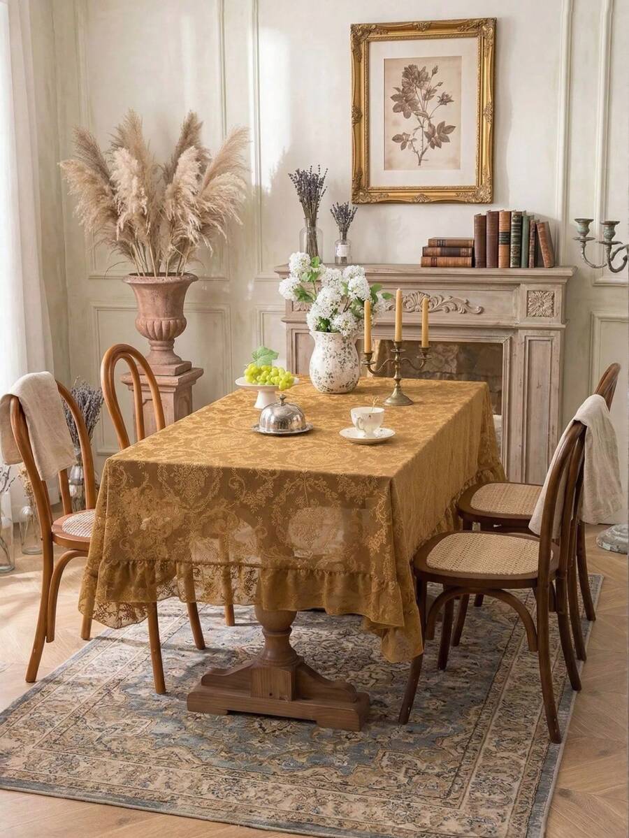 1 pieza Mantel de estilo francés con volantes de unicolor tipo peonía, encaje francés de lujo y ligero con decoración de volantes, adecuado para comedor, mesa de café, sala de estar, dormitorio, cocina, decoración de mesa de comedor, excelente para fiestas, picnics, bodas - Camel - Ver 1