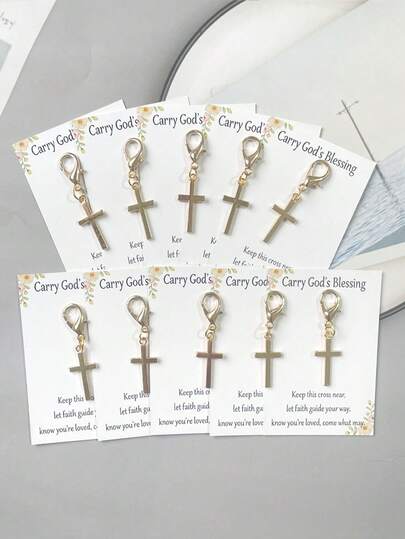 5/10pcs Gold Cross Key Chain Gift Set - Fashionable Lobster Clasp Bag Charm & Pendant, Suitable For Christmas Gifts Or Daily Use, Wallet Clip, Cross Key Chain Set Includes An Inspirational Card "Carry A Little Cross In Your Pocket" - Lucky Charm Keychain Gift For Friends