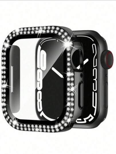 1pc Women's Shiny Rhinestone Decor Fashionable Anti-Drop Ultra-Thin Tempered Glass Screen Protector Case, Compatible With Apple Watch 38/40/41/42/44/45mm, Compatible With Apple Watch Series 1/2/3/4/5/6/7/8/SE/10, Smart Watch Accessory
