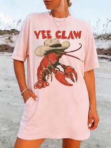 Lobster Cowboy Shirt, Yee Claw Tee Funny Lobster Tshirt Western Beach Top Amalfi Trip Tomato Girl Summer, Women's Oversized Casual Short-Sleeved Top,% Cotton All-Season Fashion Prints Loose-Shirt, Ladies-Shirt Friends And Family Holiday Parties, Vacation, Thanksgiving, Halloween, Valentine's Day Daily, Unisex - 粉色 - 查看 11