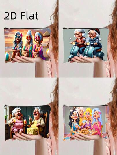 1pc Vibrant Silver Hair Bestie Themed Print Toiletry Bag, Covering Beach Vacation, Scooter Riding, Leisure Drinking And Cartoon Bestie Gathering Scenes, Portable Travel Organizer Makeup Pouch, Student Stationery Storage Bag, Daily Fashion Accessory Pouch