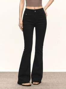 Women's High-Waisted Black Slim-Fit Stretch Flared Jeans With Pockets - A Versatile And Flattering Style. - Black - View 9