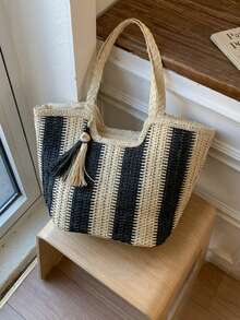 2026新款手工编织条纹手提包，大容量草编沙滩包，适合夏季度假 - 黑色 - 查看 4