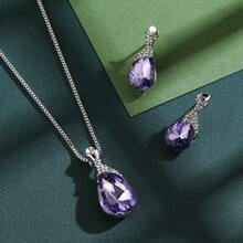 Kalung Liontin dan Anting Pejantan Berlian Imitasi - Purple - View 2
