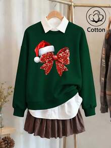 女上衣，女士聖誕節新年禮物紅色聖誕蝴蝶結加厚衛衣，時尚街頭風圓領長袖套頭衫，適合秋冬季節日常或派對穿著，閃閃發光點綴，寬鬆舒適版型，理想節日季禮品選擇 - 墨綠 - 查看 1