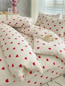 Cotton Blend Duvet Cover Set – Heart Pattern Bedding Set, Soft & Breathable With Red Hearts – Made In Turkey - White - View 3