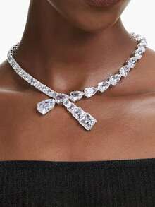 1 pieza Cadena de clavícula de cristal geométrico minimalista, adecuada para que las mujeres la usen en fiestas de noche - Plateado - Ver 6