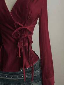 Sexy Collared Side Lace-Up Waist Slim Fit Long Sleeve Blouse For Women - Burgundy - View 5