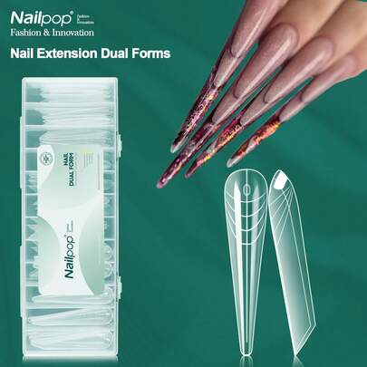 透明尖头/Cofifn长指甲延长片，14种尺寸，双导向线，UV凝胶硬模，可重复使用，专业DIY