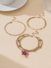3pcs Set Of Elegant Vintage Luxury Handmade Gradient Tie Dye Pink Eggplant Flower Tassel Anklets - Pink - View 3