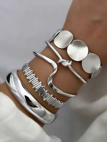 5pcs Vintage Exaggerated Luxurious Geometric Design Wide Metal Silver Bangle Set, Suitable For Daily Wear And Gift - Silver - View 2