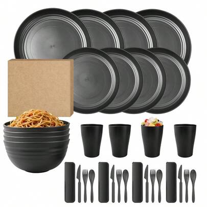 32Pcs Black Plastic Cutlery Set, Lightweight Shatterproof Reusable Tableware With Knife Fork Spoon Plate Bowl Cup And Storage Box, Ideal For Camping Picnic Travel Outdoor Party