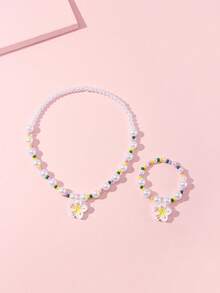 Conjunto de 2 peças com pingente de flor delicada, pérola e miçangas de vidro. Ideal para festas, escola, aniversários e como presente para meninas. Cor aleatória. - Multicolorido - Ver 15