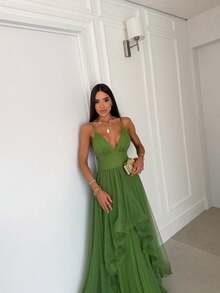 Greek Goddess Gala Dress In Tulle Without Glitter, With Capes And Invisible Zipper - Green Leaf - View 3