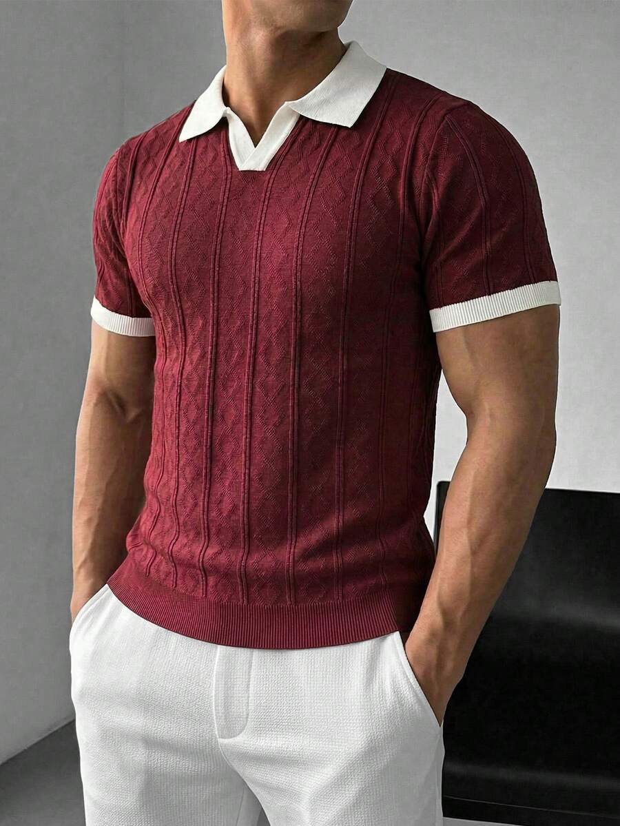 GRDR Men's Spring/Summer Collar Short Sleeve Diamond Pattern Patchwork Slim Fit Casual Stylish Knit Polo Shirt, Men's Knit Top - Red Violet - View 1