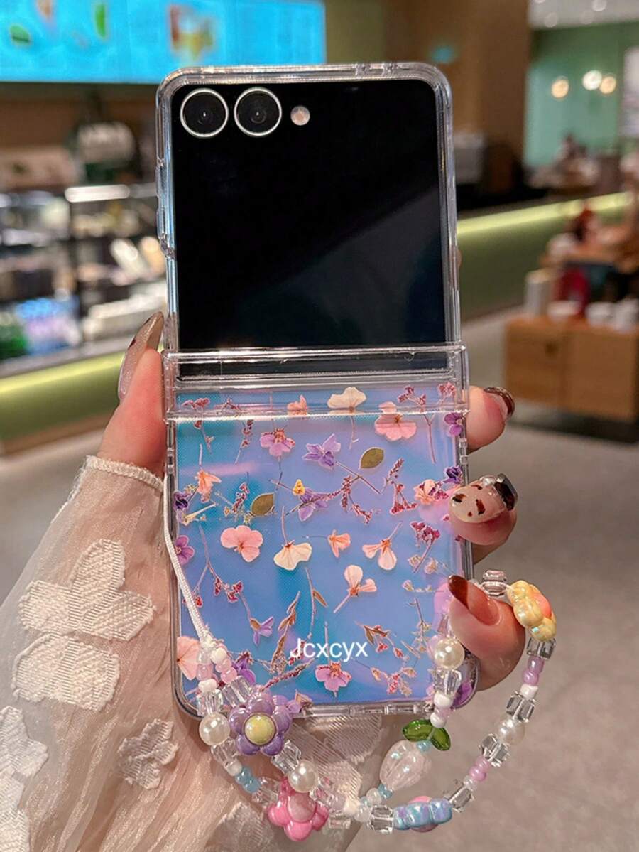 Luxury Colorful Floral Pattern Laser Transparent Phone Case For Samsung Galaxy Z Flip7, Floral Lanyard Hard Transparent Protective Cover