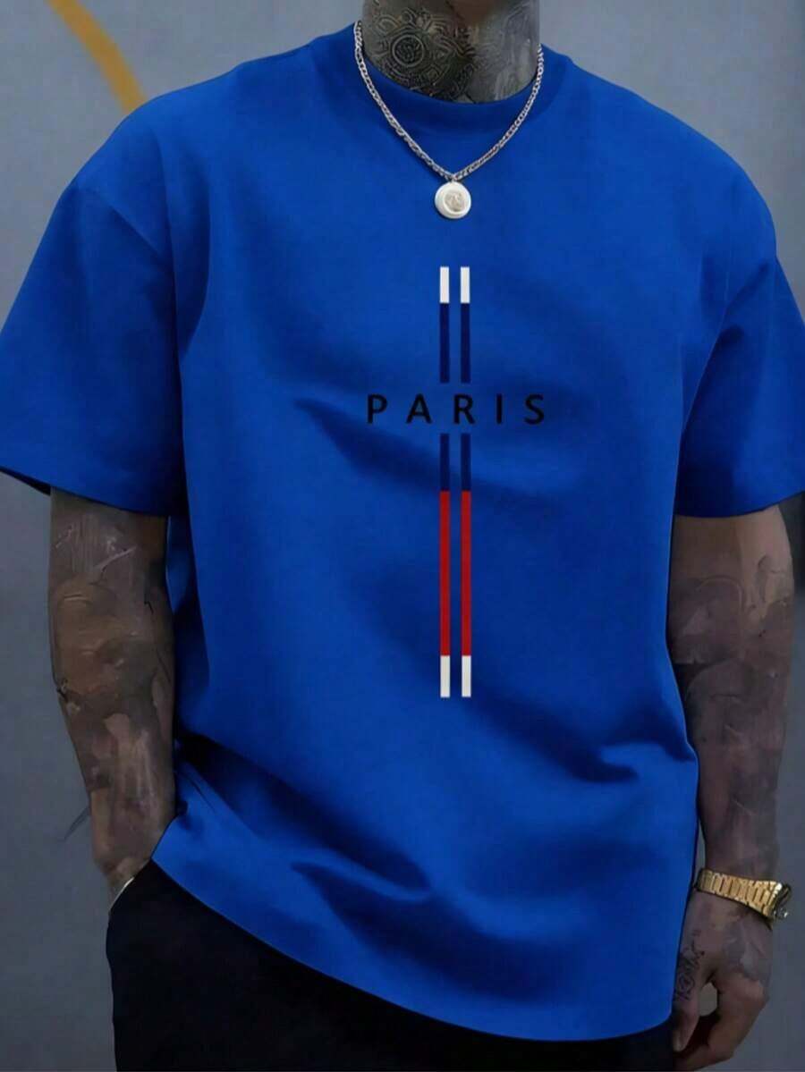 Graphic TeesMen's Cotton Casual T-Shirt, Paris Graphic Design, Men's Classic Crew Neck T-Shirt - Soft Cotton Daily Wear100% Cotton,Summer Tops - 藍色1 - 查看 1