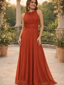 Long Party Dress With Chic Luxurious Terracotta Scarf. - Naranja Quemada - Ver 6