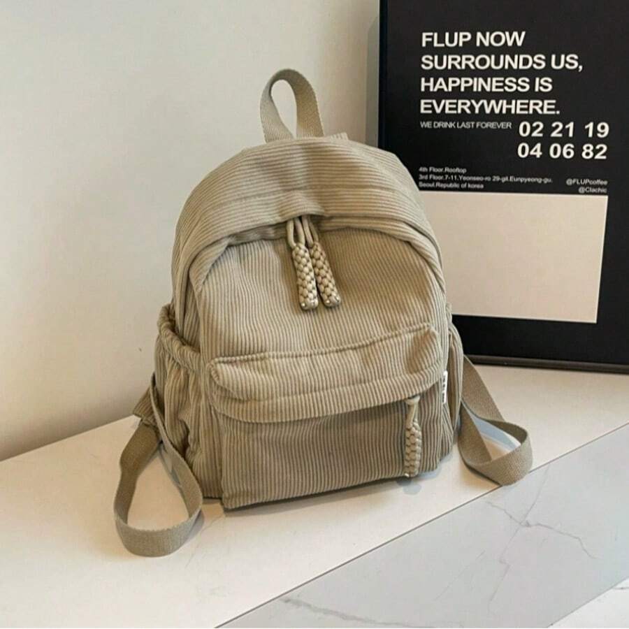 Women's Small Velvet Backpack, Stylish, Solid Color (Without Keychain) - Khaki - View 1