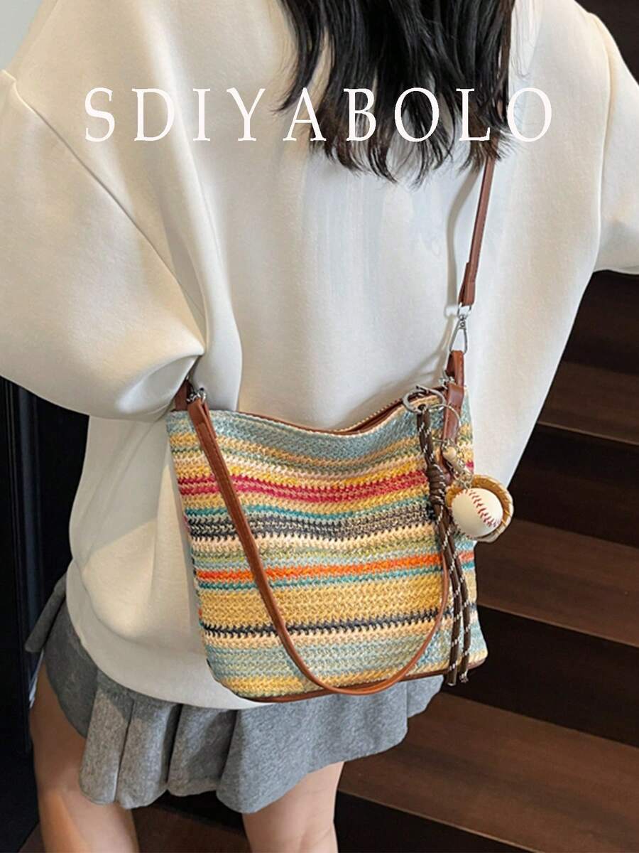 Vintage Fashionable Large Capacity Woven Tote Bag, Beach Holiday Straw Crossbody Bag Vacation Essentials - Multicolor - View 1