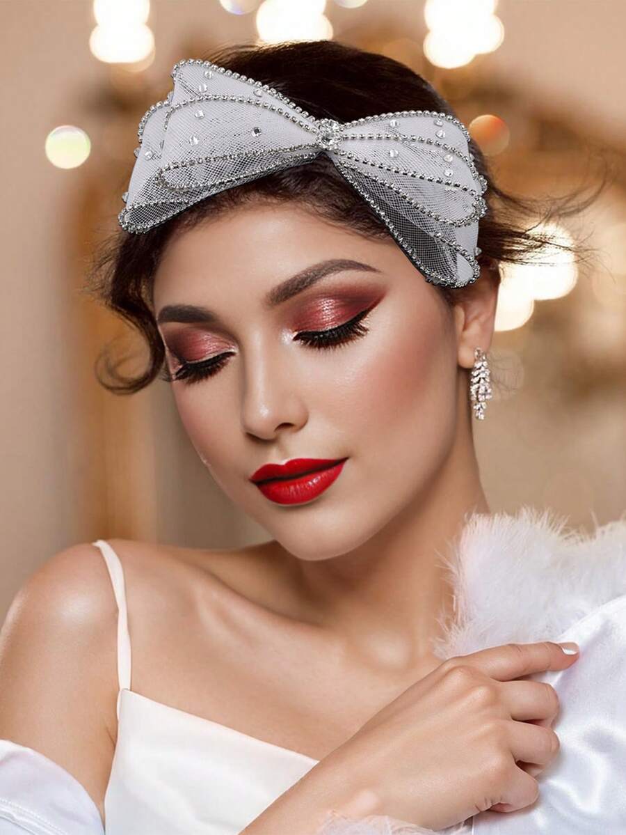 1件闪亮银色水钻发箍，配优雅多层薄纱大蝴蝶结，公主风，适合新娘、伴娘、婚礼、庆典、派对、日常休闲佩戴