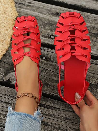 2026 Summer New Fashion Red Woven Hollow Roman Sandals, Backstrap Flat Sandals, Casual Flat Open Toe Sandals