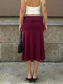 黑色褶裥腰身鱼尾下摆低腰修身中长裙，适合日常通勤，春季穿着。 - 酒紅色 - 查看 5