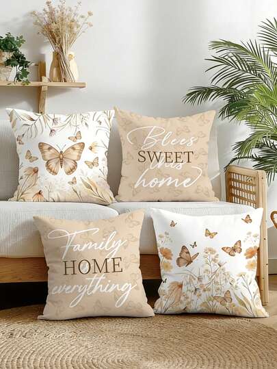1/4Pcs Boho Neutral Floral & Butterfly Vintage Butterfly & Floral Spring Floral Throw Pillow Covers 18x18, Soft Linen Cushion Cases With Wildflower & Butterfly Design For Farmhouse Home Decor