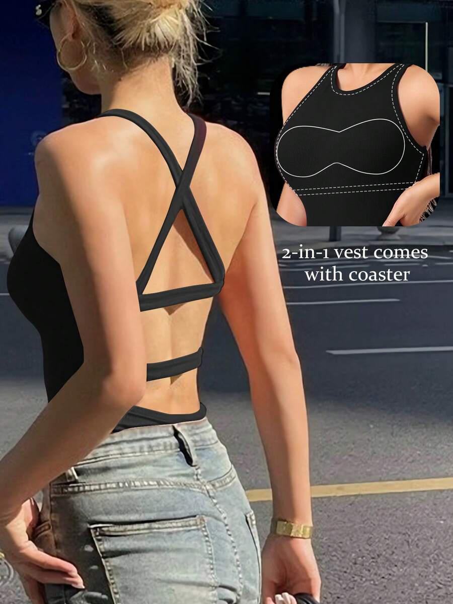 Spring/Summer Cross-Strap Backless Tank Top, Sexy Style, Two-In-One With Built-In Pads, Casual, Sports, Yoga, Versatile Base Layer - 黑色 - 查看 1