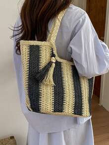2026新款手工编织条纹手提包，大容量草编沙滩包，适合夏季度假 - 黑色 - 查看 5
