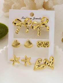 女士厚金几何纹理耳环套装，时尚简约海洋风耳钉，夏季海滩度假礼物，配饰 - 彩色 - 查看 6