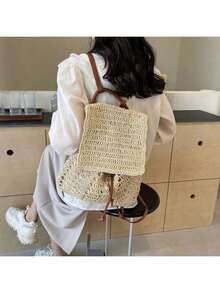1 Piece Of Summer Beach Straw Backpack, Woven Design, Fashionable Versatile Leisure Bag, Ideal For The Beach, Vacations, Shopping, Matches  Outfits, Lightweight And Portable, Suitable For Teenage Girls And Women. - Màu be - Xem 4