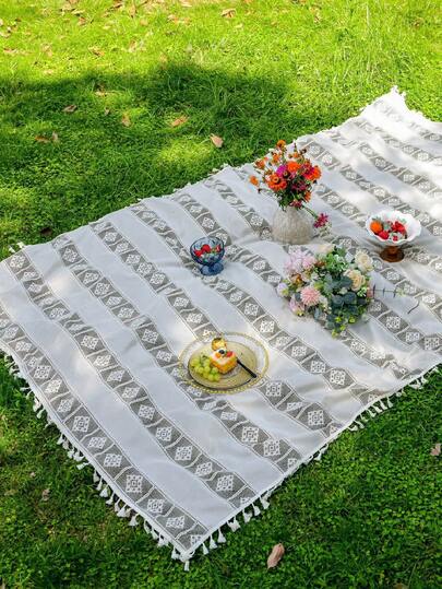 1件米色格子流苏扫帚，户外露营野餐垫，装饰性，Rama Homestyle品牌，野餐必备，家庭出游，露营装备，假日使用