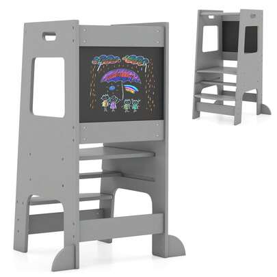  COSTWAY Toddler Kitchen Step Stool, Children Standing Tower With Activity Chalkboard, Adjustable Height And Safety Rail, Wooden Kitchen Stool Helper For Kids 3+, Grey