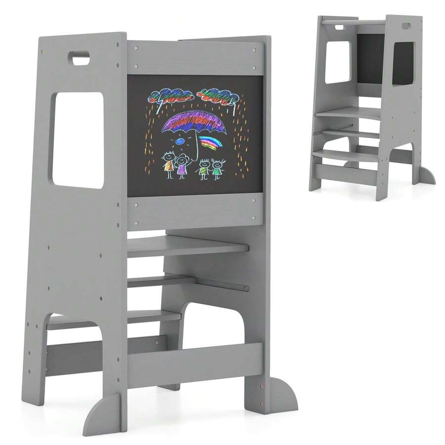 COSTWAY Toddler Kitchen Step Stool, Children Standing Tower With Activity Chalkboard, Adjustable Height And Safety Rail, Wooden Kitchen Stool Helper For Kids 3+, Grey - Grey - View 1
