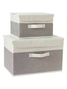 1pc Washable Linen Fabric Foldable CD Storage Box, Collapsible Storage Bin, Toy Storage Basket With Lid, Laundry Basket - White and Gray - View 5