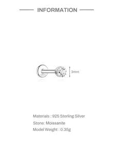 1pc D Color Moissanite 18K Gold Plated S925 Sterling Silver Round Flat Back Stud 2.5/3/4mm For Lobe Helix Piercing Holiday Gift Women Fine Ear Jewelry - Silver - View 9