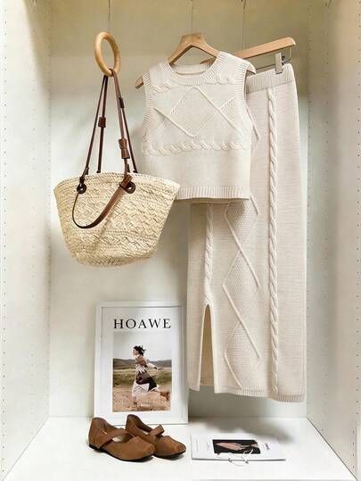 Women's Casual Elegant Fashion Commute Comfortable Office Vintage Lady Solid Color Herringbone Sleeveless Top And Skirt Set, Suitable For Vacation, Plain, Casual, Daily Wear, Date, Beach, Early Spring & Autumn, Spring/Summer