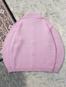 Autumn/Winter New Solid Color High Collar Unisex Elegant Zip-Up Cardigan, Commuting Casual Long Sleeve Knit Sweater - وردي - مشاهدة 7