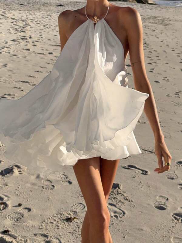 Vestido mini sin mangas y sin espalda con cuello halter para mujer, con cordones, para playa, fiesta, vacaciones, blanco, vestidos elegantes y con estilo, línea A, vestidos de gasa sueltos y de moda para la playa