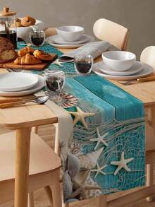 Summer Beach Starfish Shell Teal Wooden Board Texture Table Runner Party Decor Washable Farmhouse Kitchen Dining Table Runner Wedding Decorations - Multicolor - View 7