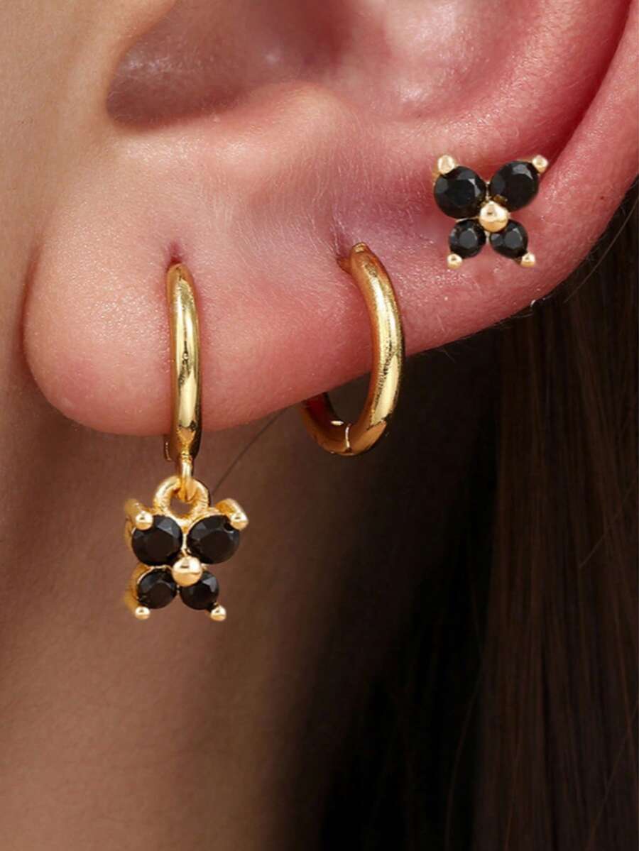3pcs/Set 18K Gold Plated Black Obsidian & Cubic Zirconia Butterfly Earrings, Shiny Crystal Ear Cuff Earrings, Hypoallergenic Jewelry For Women - 3PCS-gold - View 1