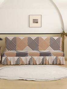 1pc Geometric Pattern Skirt Style Sofa Bed Cover Without Armrests, Polyester Fiber Sofa Cover, Suitable For All Seasons, Simple And Modern - Apricot - View 4